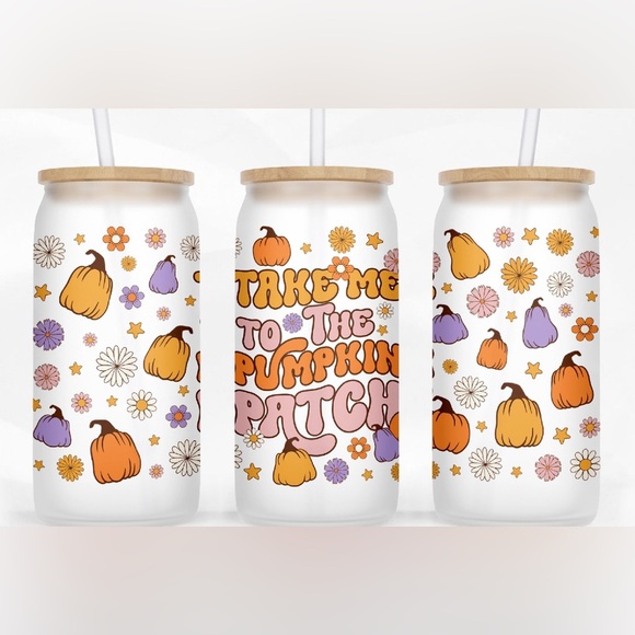 Other - NWOT Pumpkin Patch Colorful Party 16oz Tumbler Bamboo Glass Straw Fall
